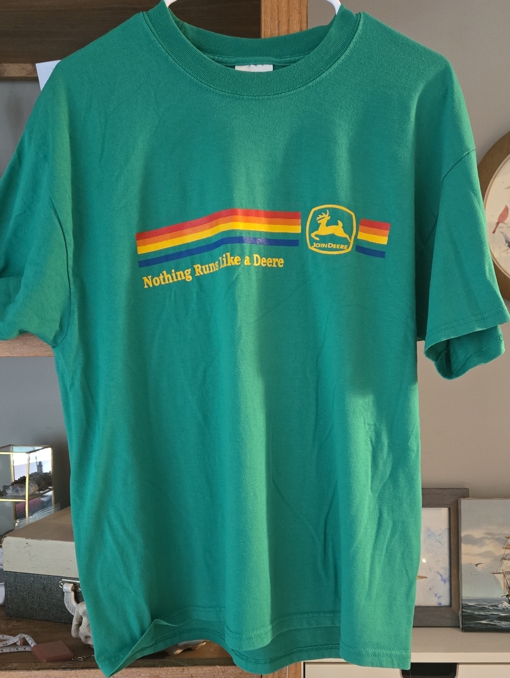 Vintage John Deere Green T-Shirt with Rainbow Stripe Logo